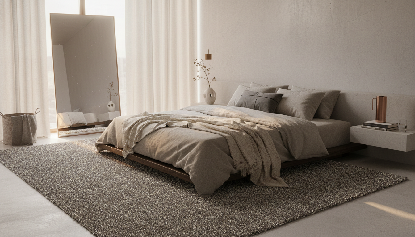 Minimalist luxury bedroom featuring a large silver-weave grounding rug under a bed.