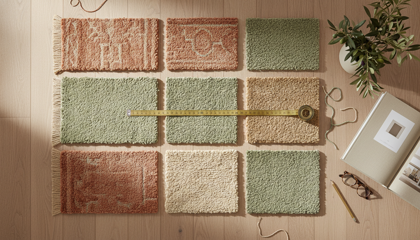 Flat lay of designer washable rug swatches in earthy tones for 2026 interiors.