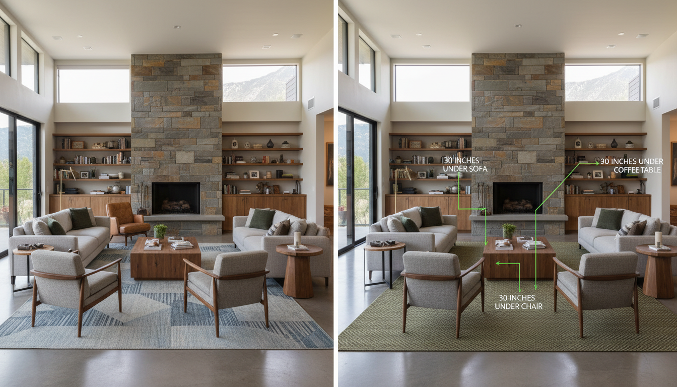 Comparison of a small floating rug versus a correctly sized anchor rug in a living room.