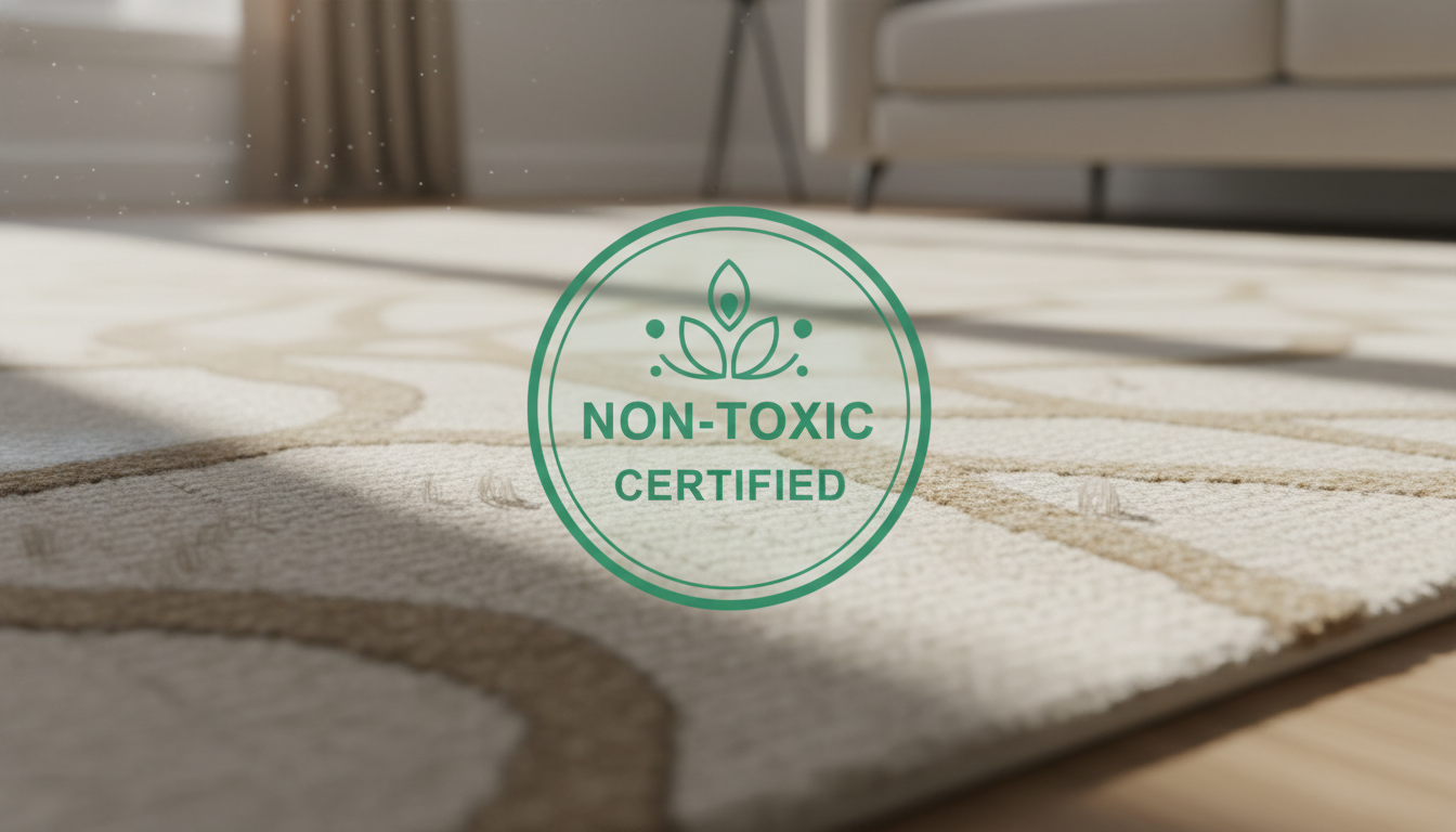 Close-up of non-toxic rug fibers for kids rooms with safety certification symbols
