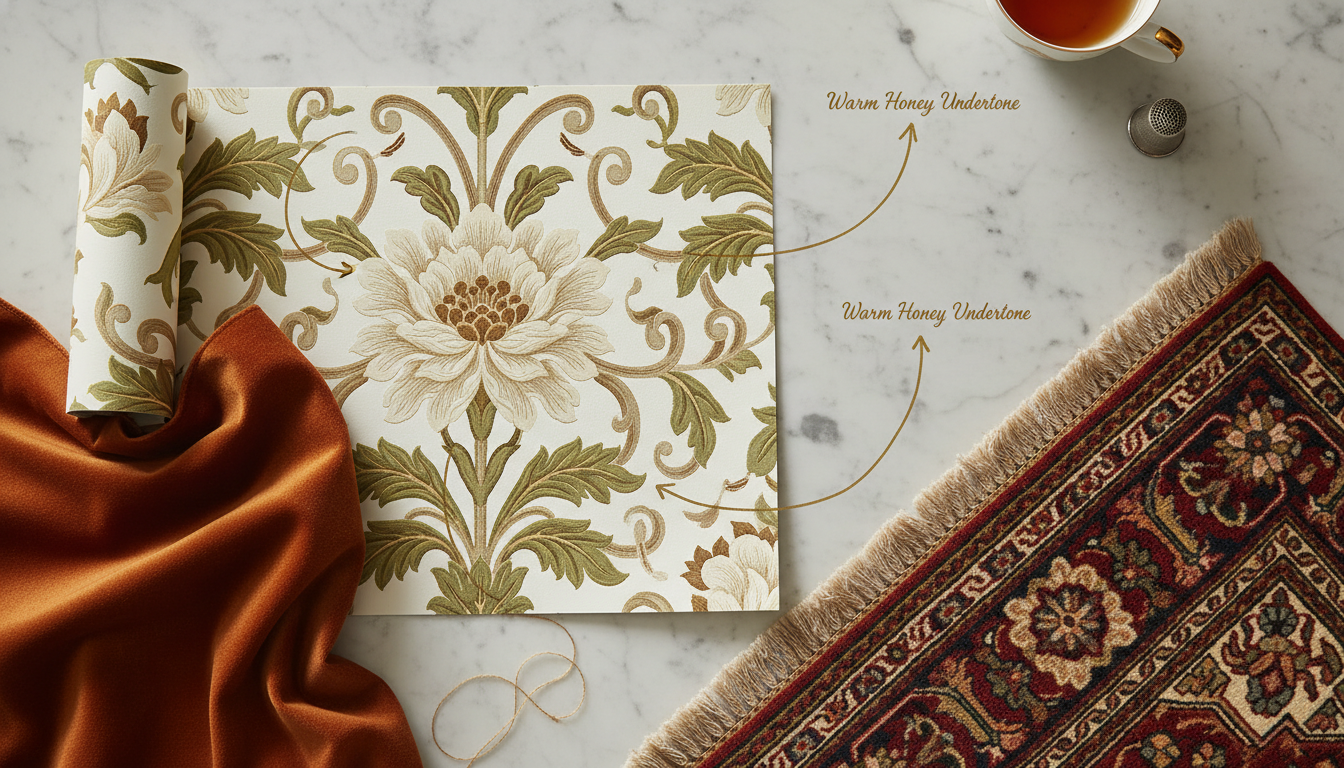 Detailed swatch comparison of wallpaper, curtain fabric, and rug showing matching warm undertones.