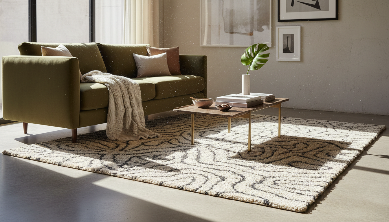 Sunlit minimalist living room featuring a handmade wool rug under modern furniture.