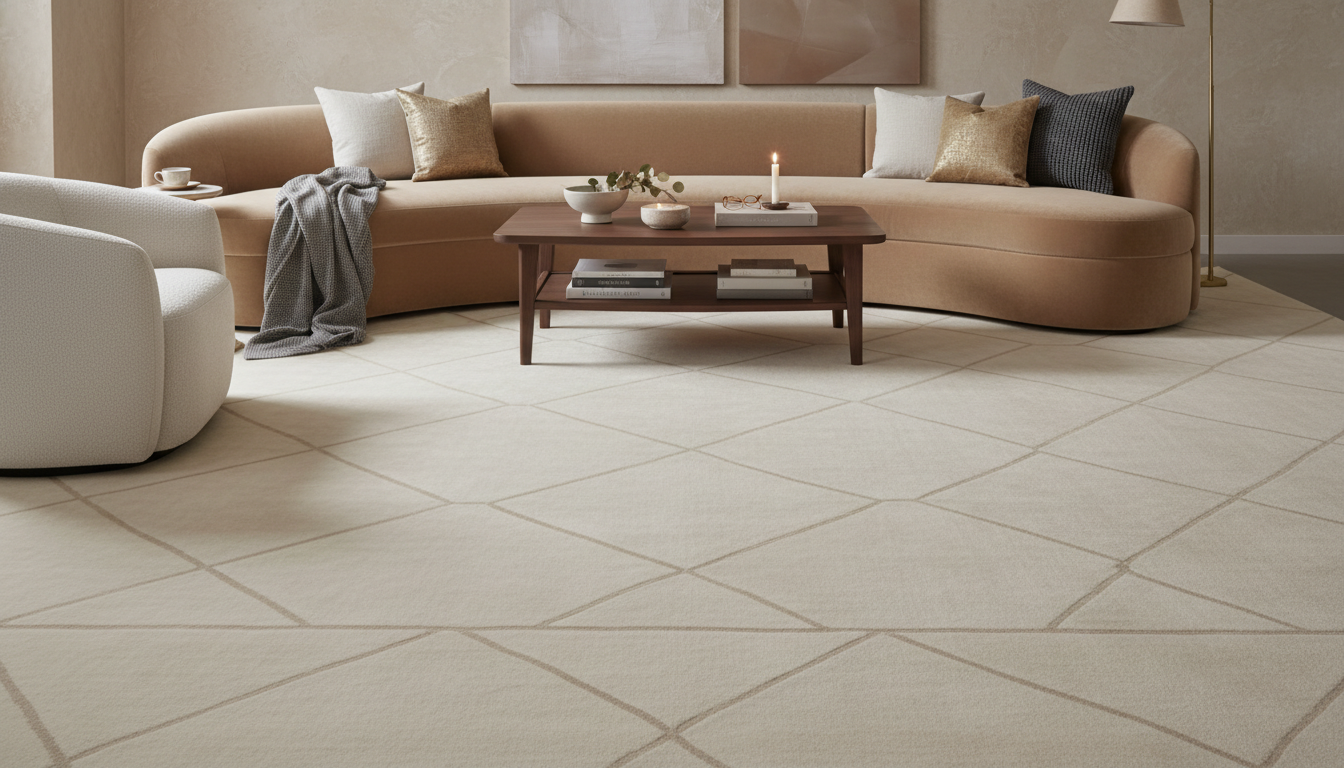 An oversized area rug in a modern living room demonstrating how large scale creates a luxury feel.