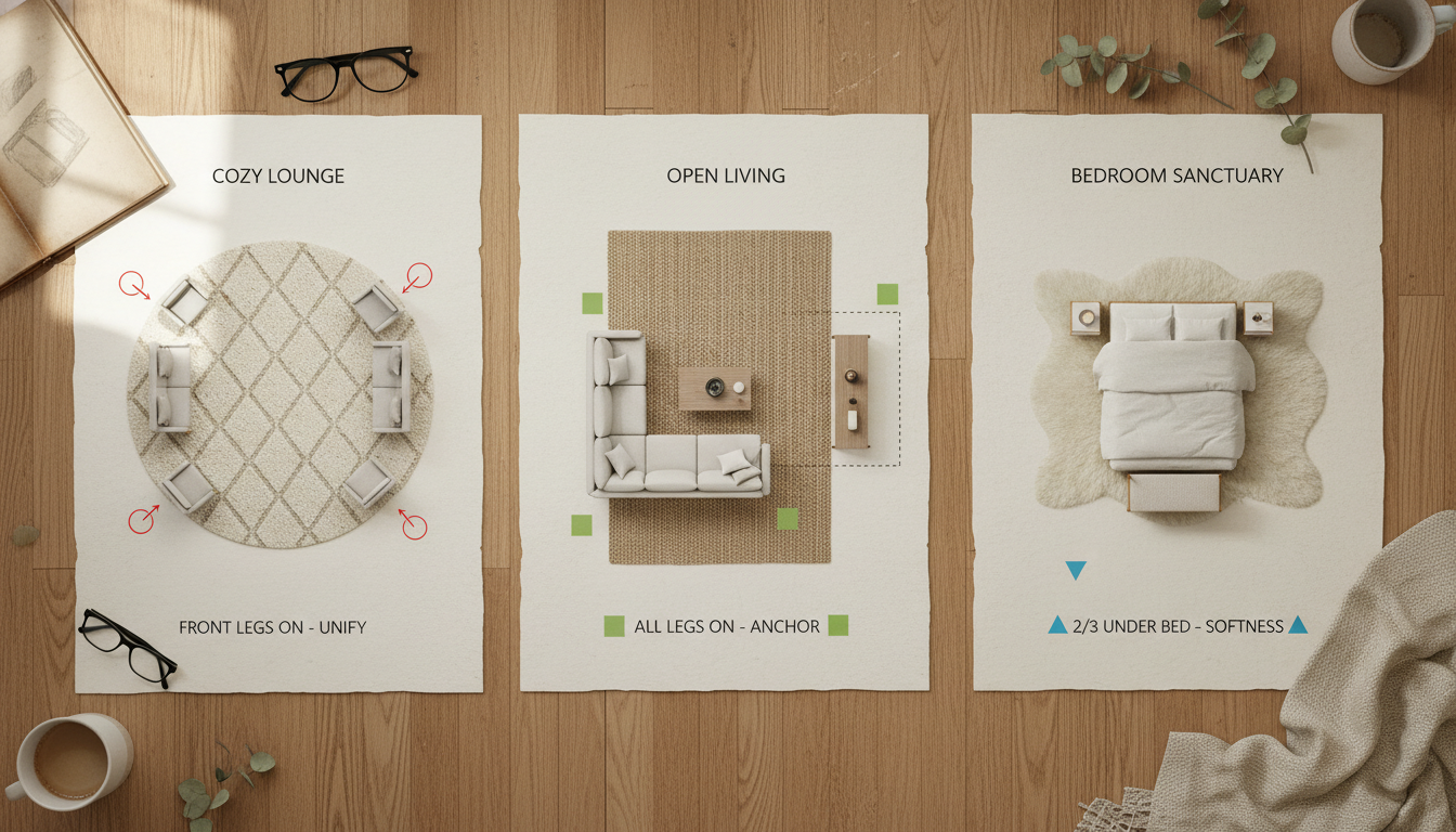 Schematic diagram showing the best rug placement tricks for small living rooms to create the illusion of more space.