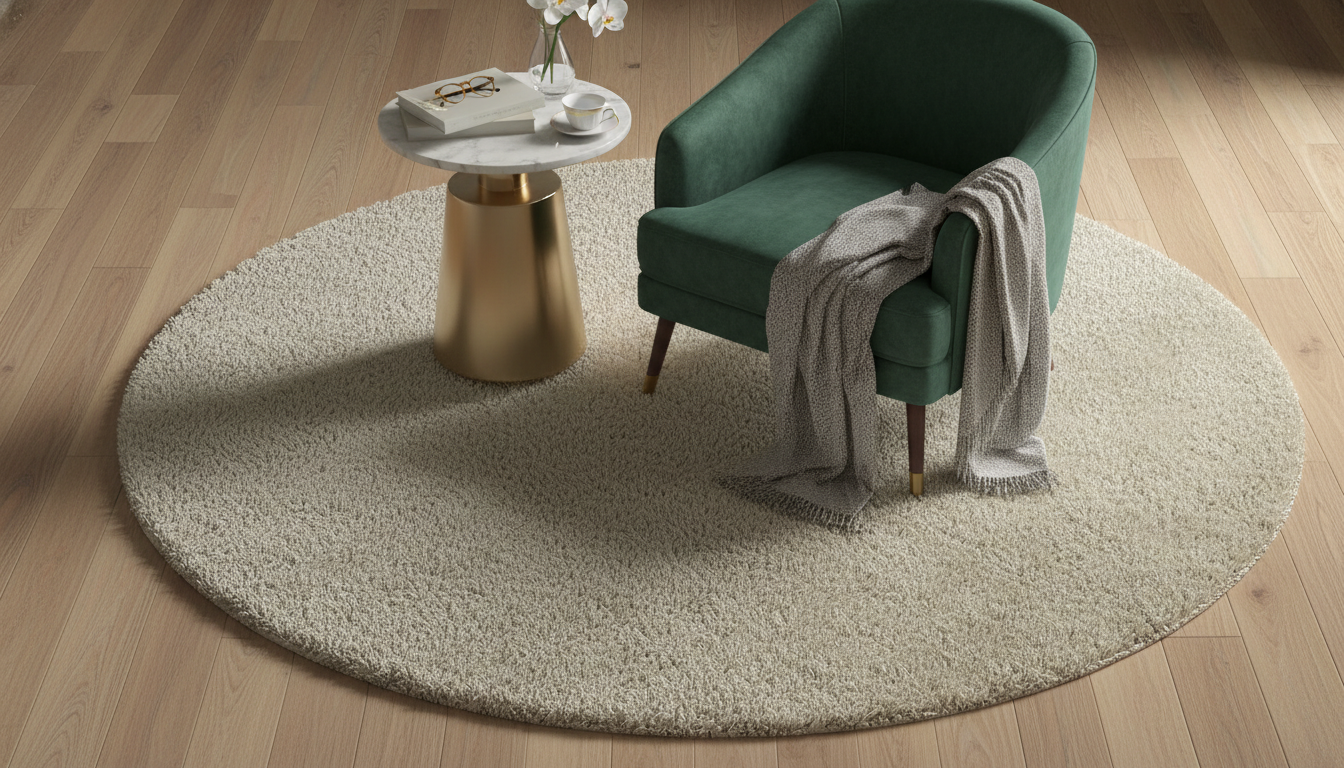 overhead view showing correct round rug placement with furniture legs on the rug
