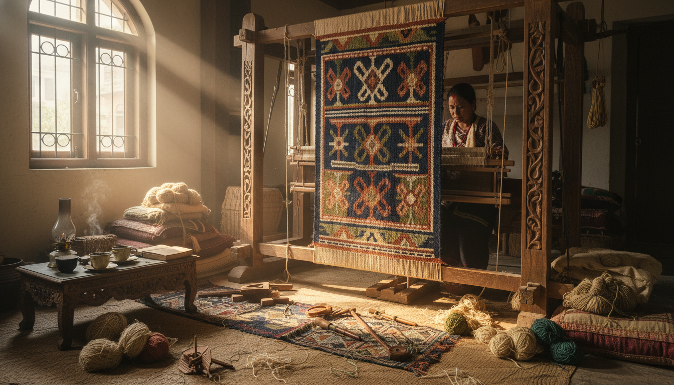 Hand-weaving process of an artisanal Himalayan nettle rug on a traditional wooden loom in a sunlit Nepalese studio.