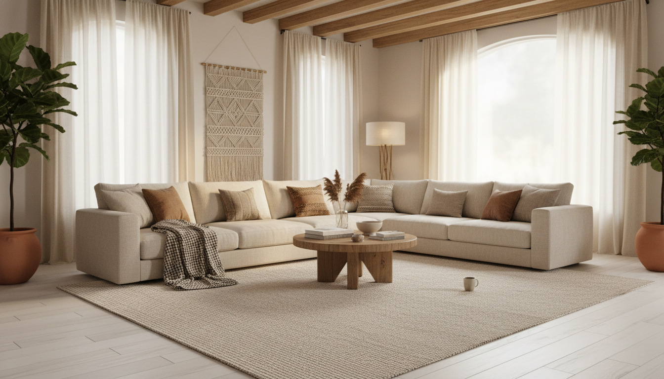 Bright and airy boho living room featuring a luxury milk-silk rug under morning light.