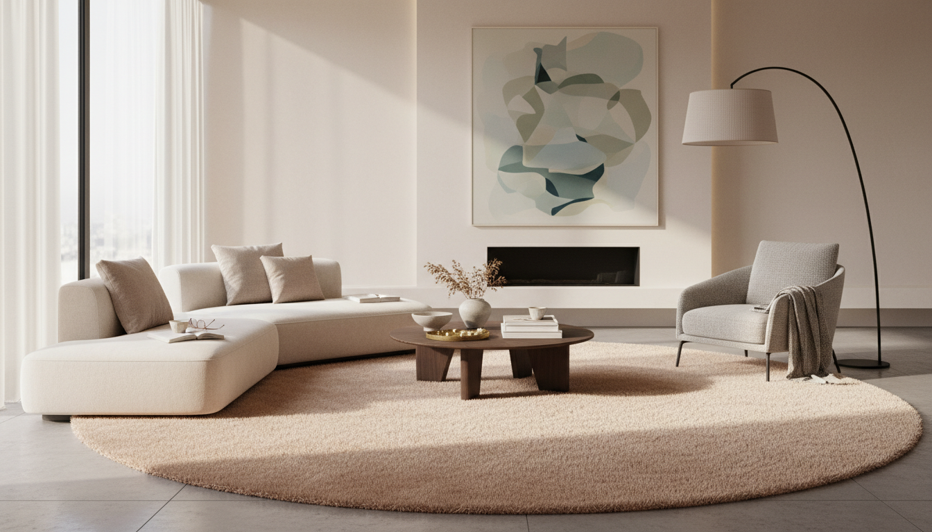 A luxurious modern living room showcasing a shimmering upcycled rose petal fiber rug under golden hour light.