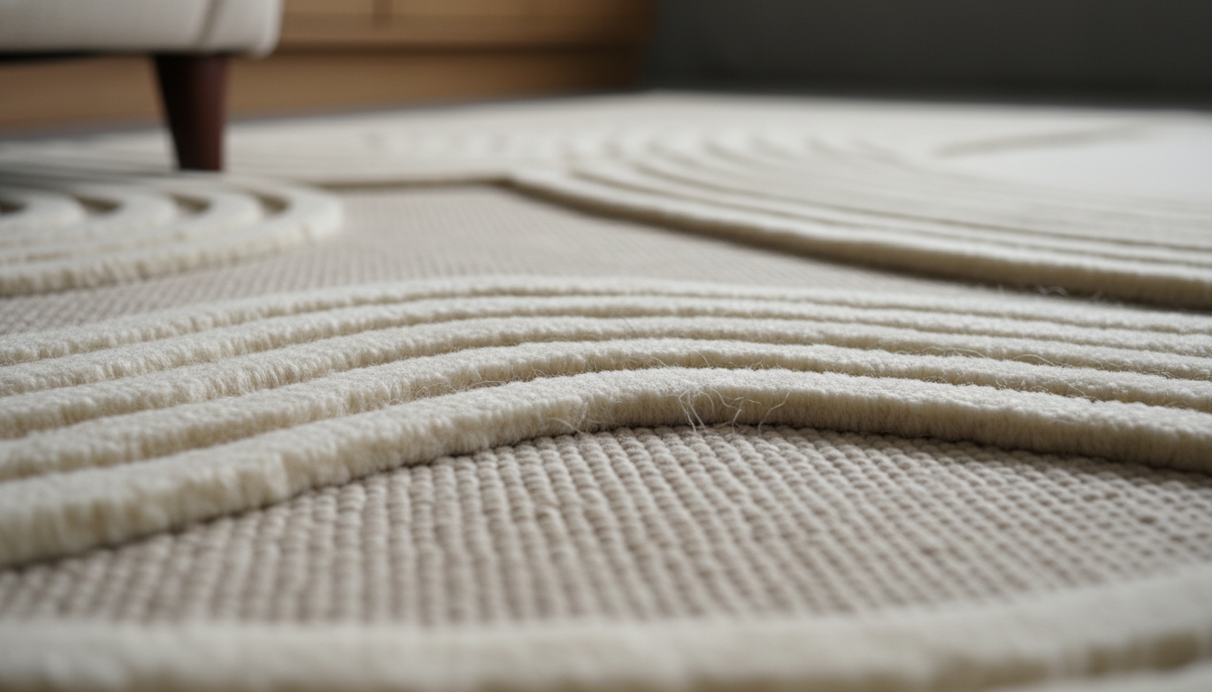 Detailed macro shot showing the height difference between plush wool pile and flat-weave base in a sculpted rug.