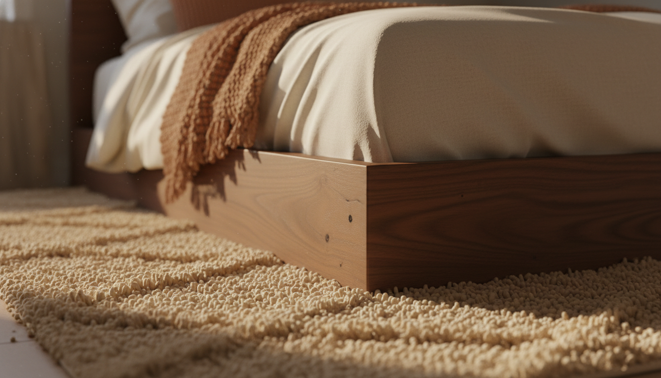 Close-up of a warm oat bouclé bedroom rug paired with walnut wood furniture.