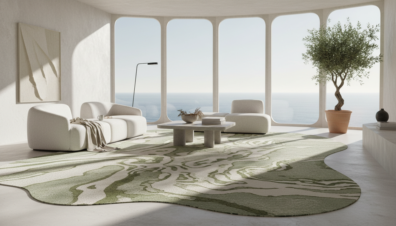 A modern minimalist living room featuring a large sustainable fermented protein rug that anchor the space with organic elegance.