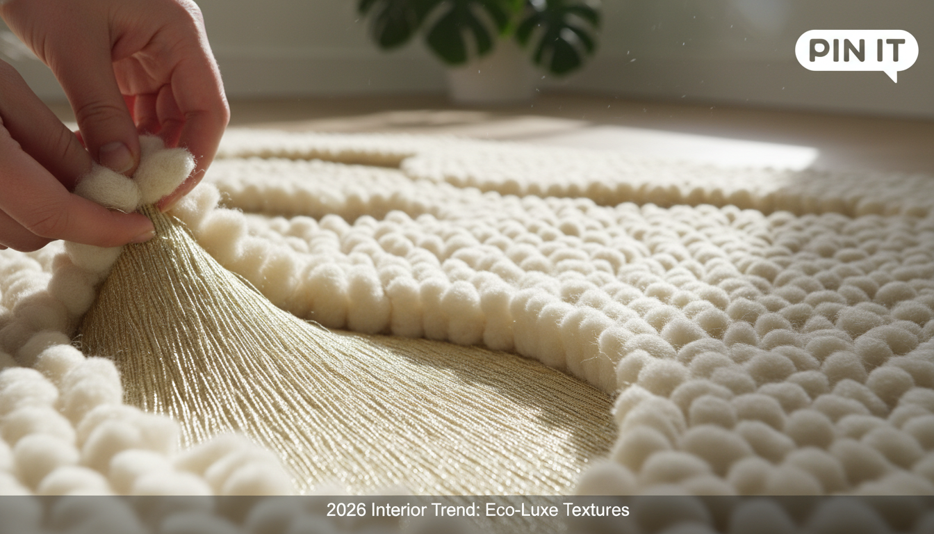 Detailed macro shot of high-lustre wool and silk reliefs in a contemporary Neo-Deco rug design.