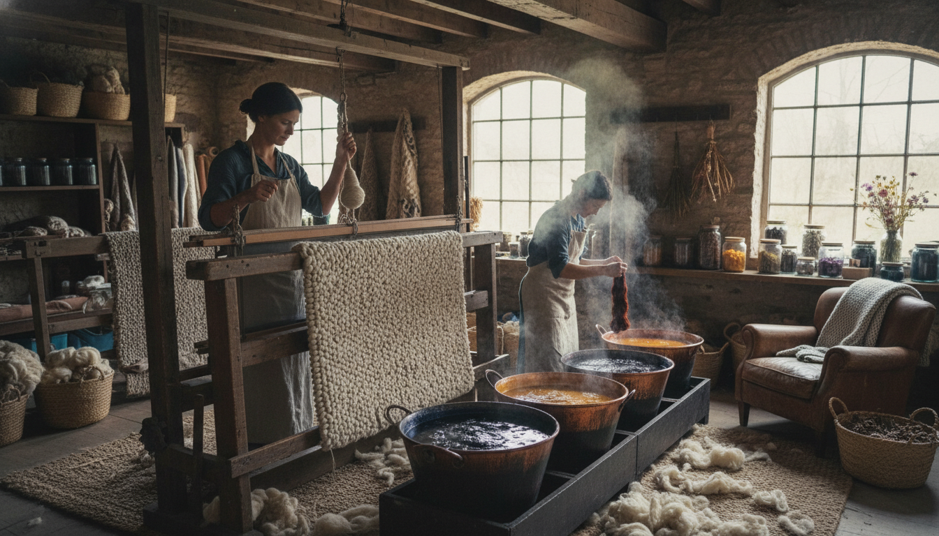 Traditional wool spinning and natural dyeing process for high-end hand-knotted rug materials.