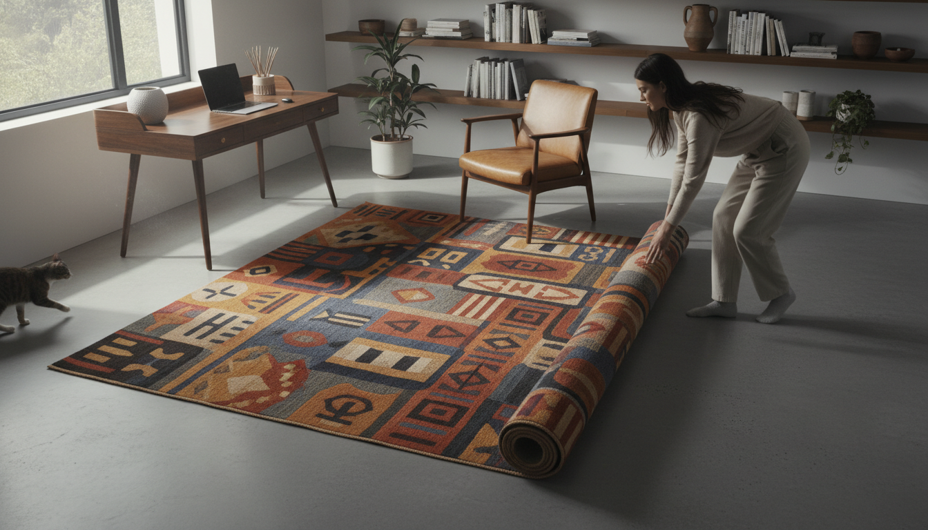 Heritage-inspired geometric patterns on a luxury Afro-Bohemian rug in a modern study.