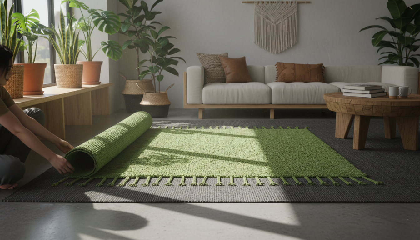 Modern bohemian lounge area with a vibrant Wasabi green accent rug layered for a moody maximalist effect.