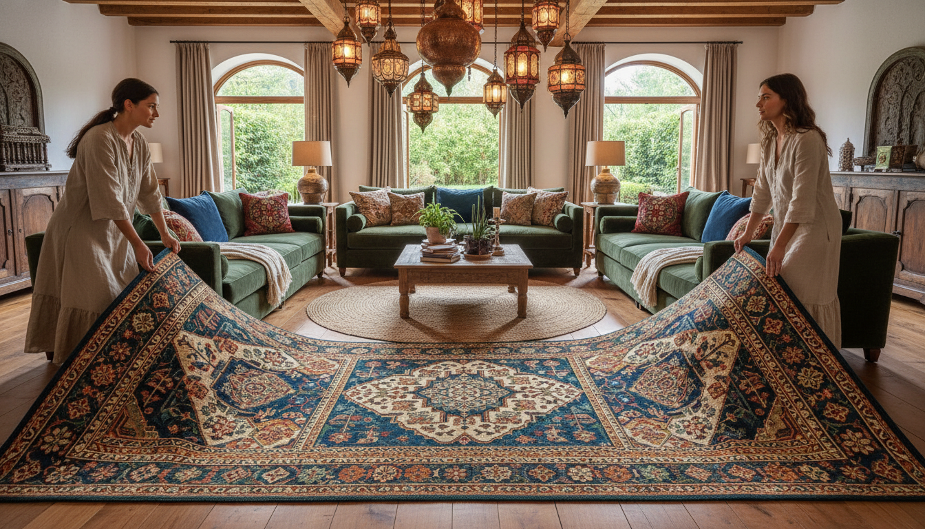 Modern luxury boho interior design featuring a smart-fiber rug as a central art piece.