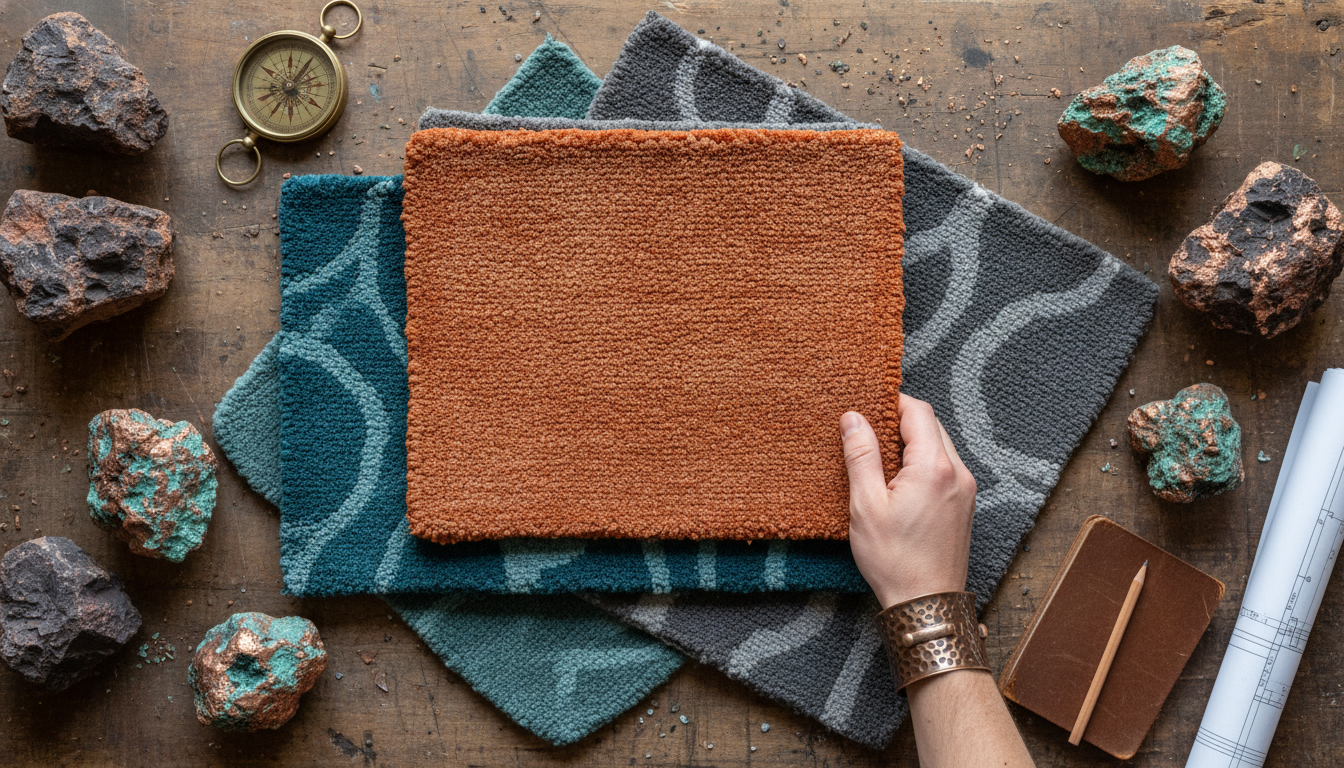 A collection of oxidized mineral rug samples in iron rust and copper verdigris color palettes.