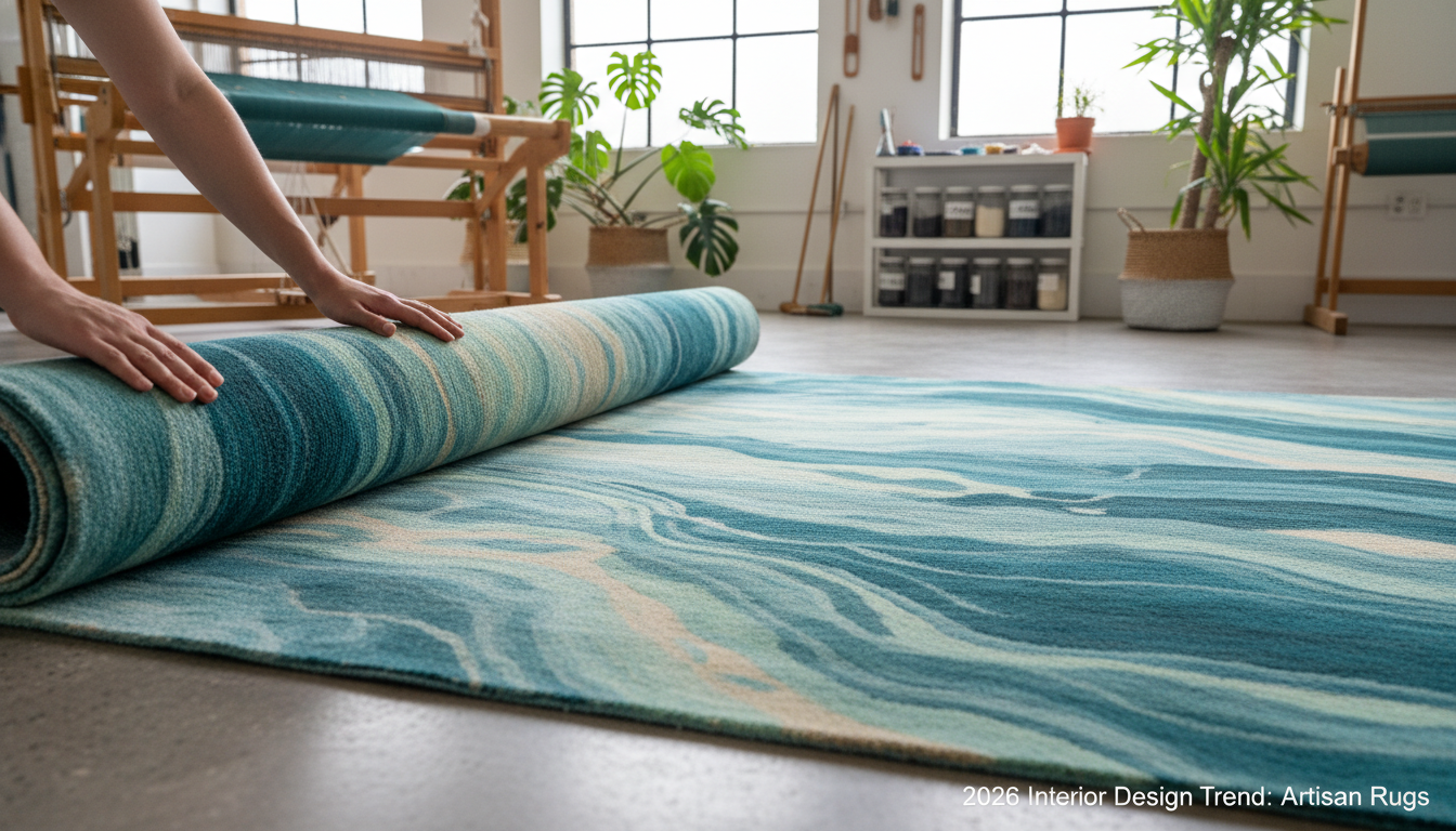 Artisan rug crafted with sea-glass silk displaying a subtle aquatic shimmer and organic patterns.
