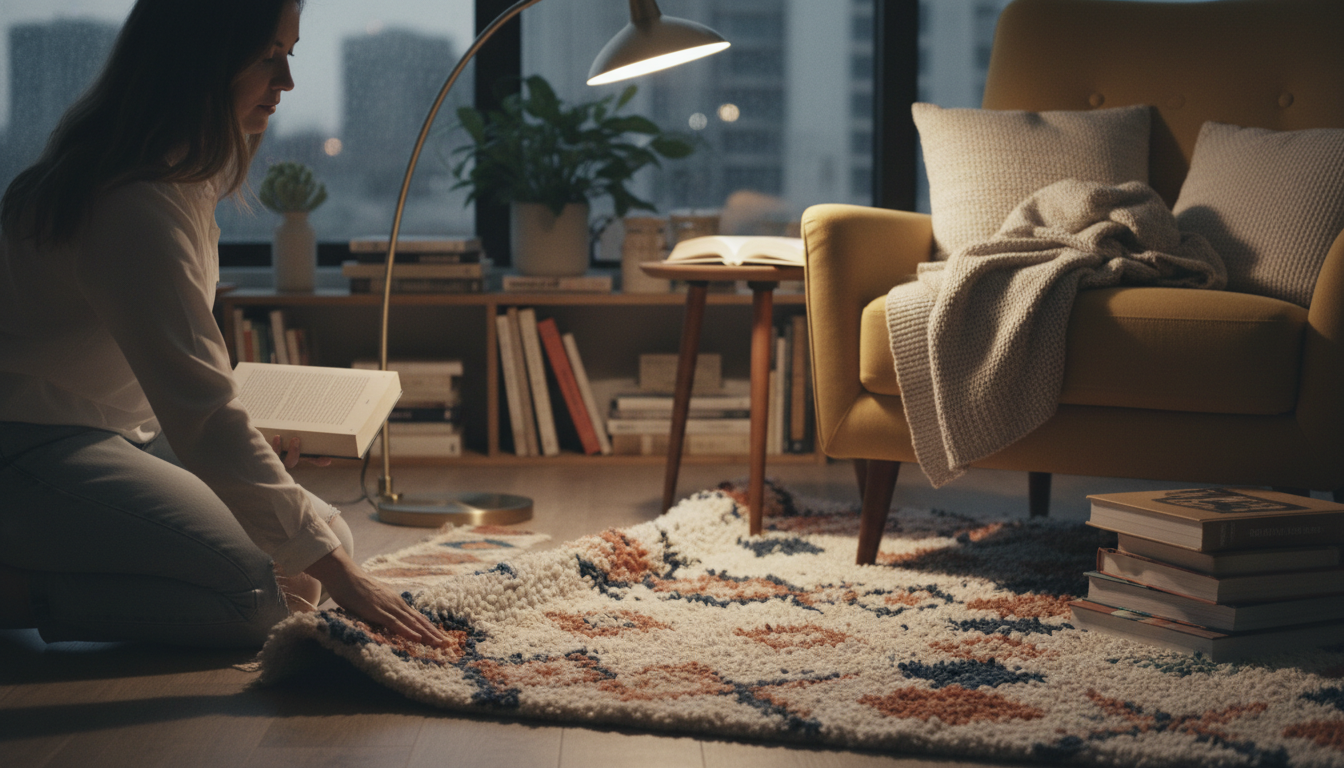 Strategic ambient lighting and an arched floor lamp in a cozy nook, demonstrating affordable ways to decorate with light.