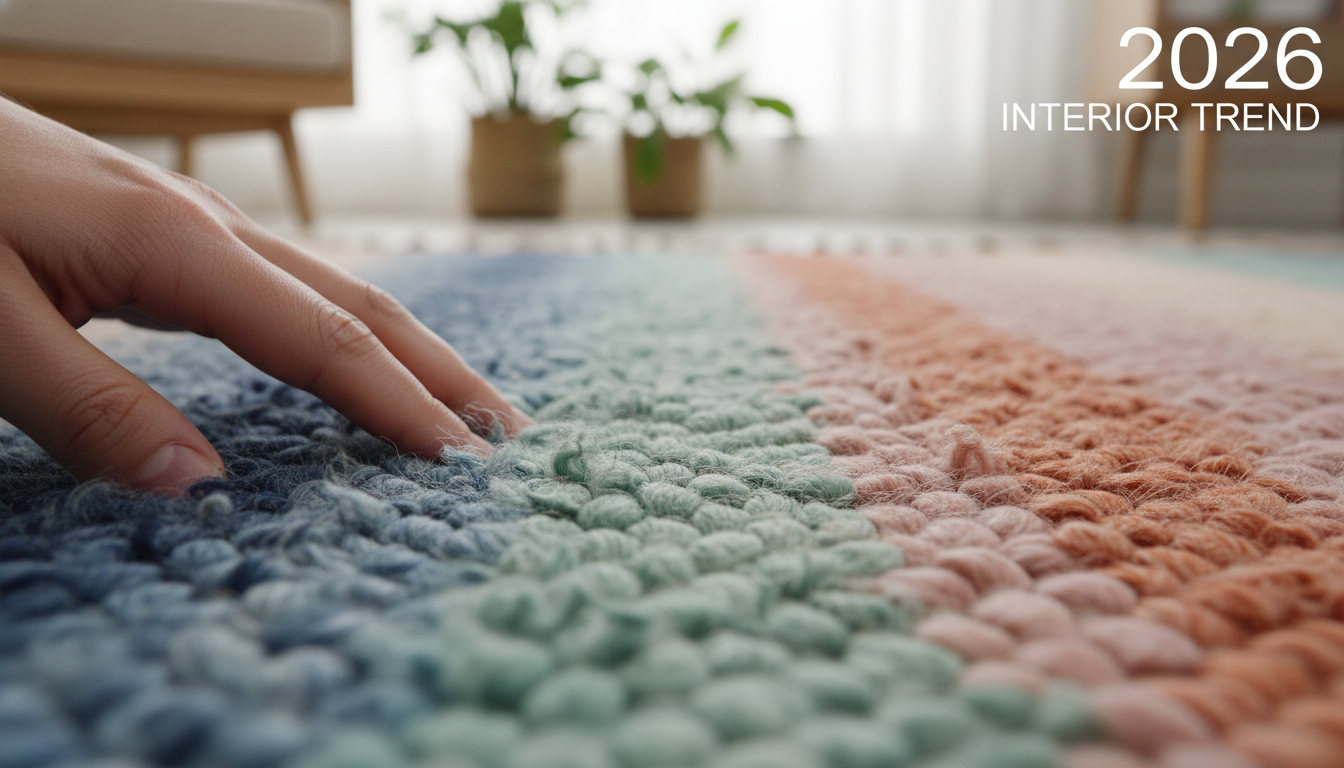 Macro photography of natural wool rug fibers in a chromotherapy-inspired gradient of blue and terracotta for Neuroaesthetic Rugs 2026.