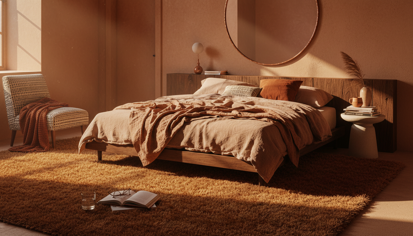 A cozy terracotta-themed bedroom with a matching tonal drenched rug illustrating the psychological benefits of monochromatic design.