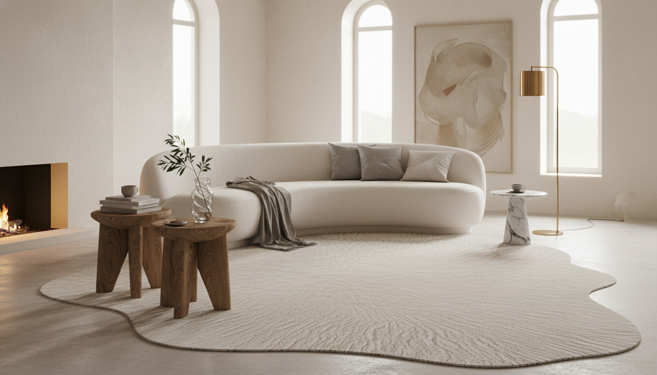 A minimalist 2026 living room featuring Organic Brutalist furniture and a large Tadelakt-textured wool rug.