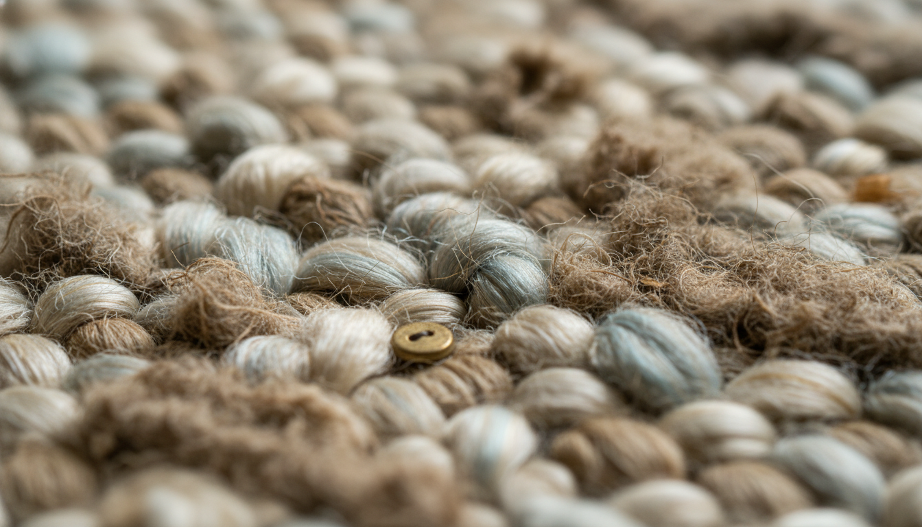 Extreme close-up of sustainable soy-silk and nettle fibers used in luxury Folk Nouveau rugs.