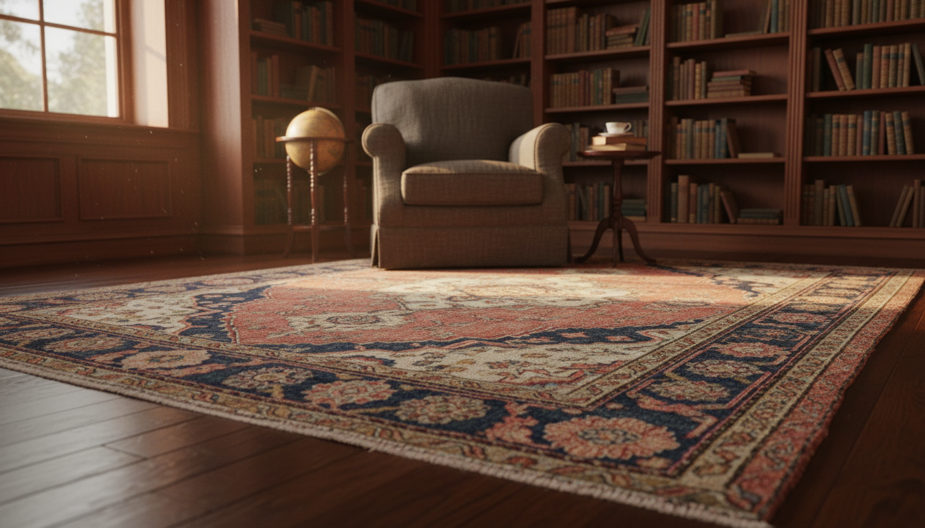 Vintage-inspired antique rug with natural patina in a luxurious home library setting, a key 2026 design trend.