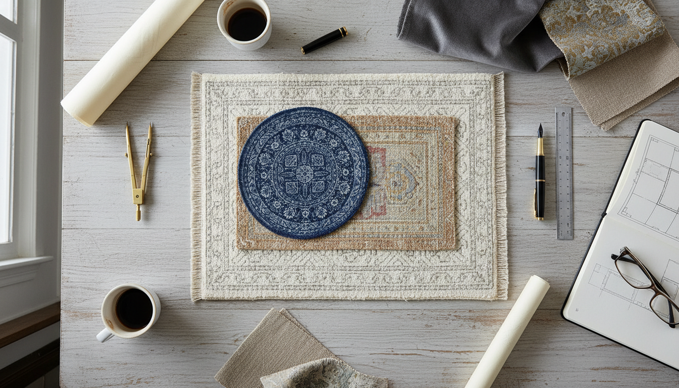 Architectural flat lay demonstrating the correct proportions and sizing for layering rugs with a visible border.