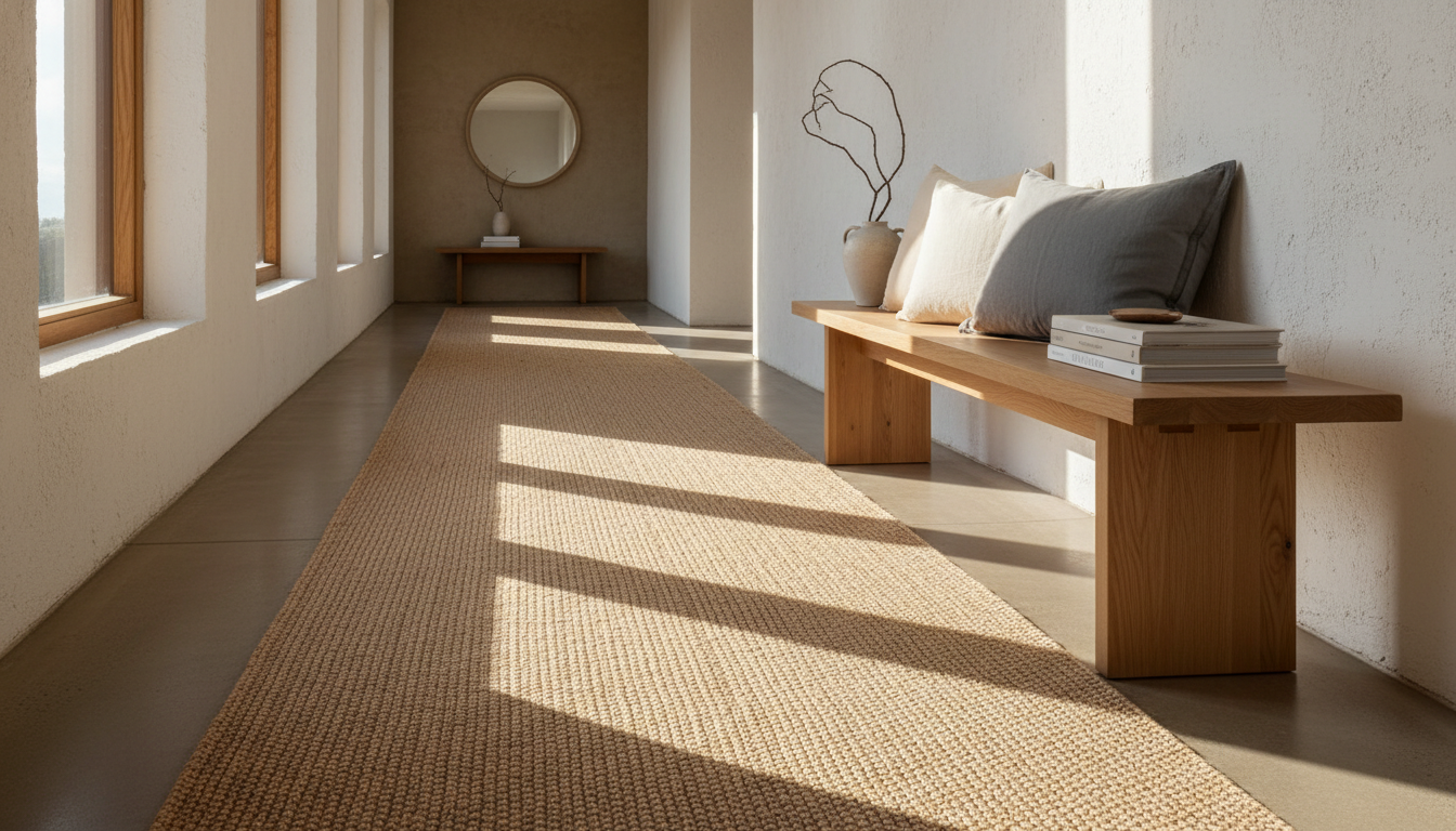 Durable ribbed textured rug runner in a high-traffic modern hallway.