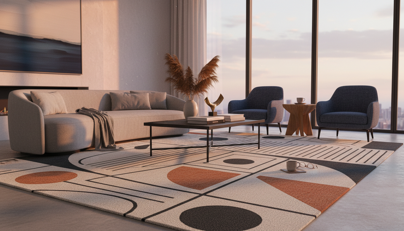 Modern living room with a white sculptural high-low pile rug acting as the central design element.