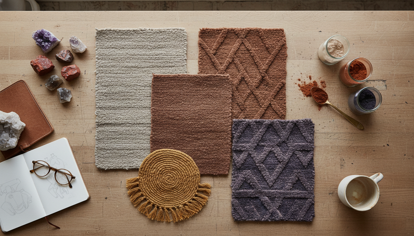 A designer's flat lay featuring mineral rug samples in earthy, muddied tones alongside raw pigments and natural stones.