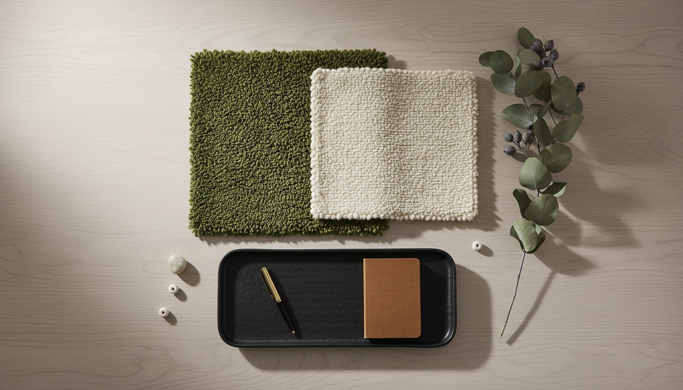 Material board featuring a mossy green rug and cream boucle fabric for texture balancing.