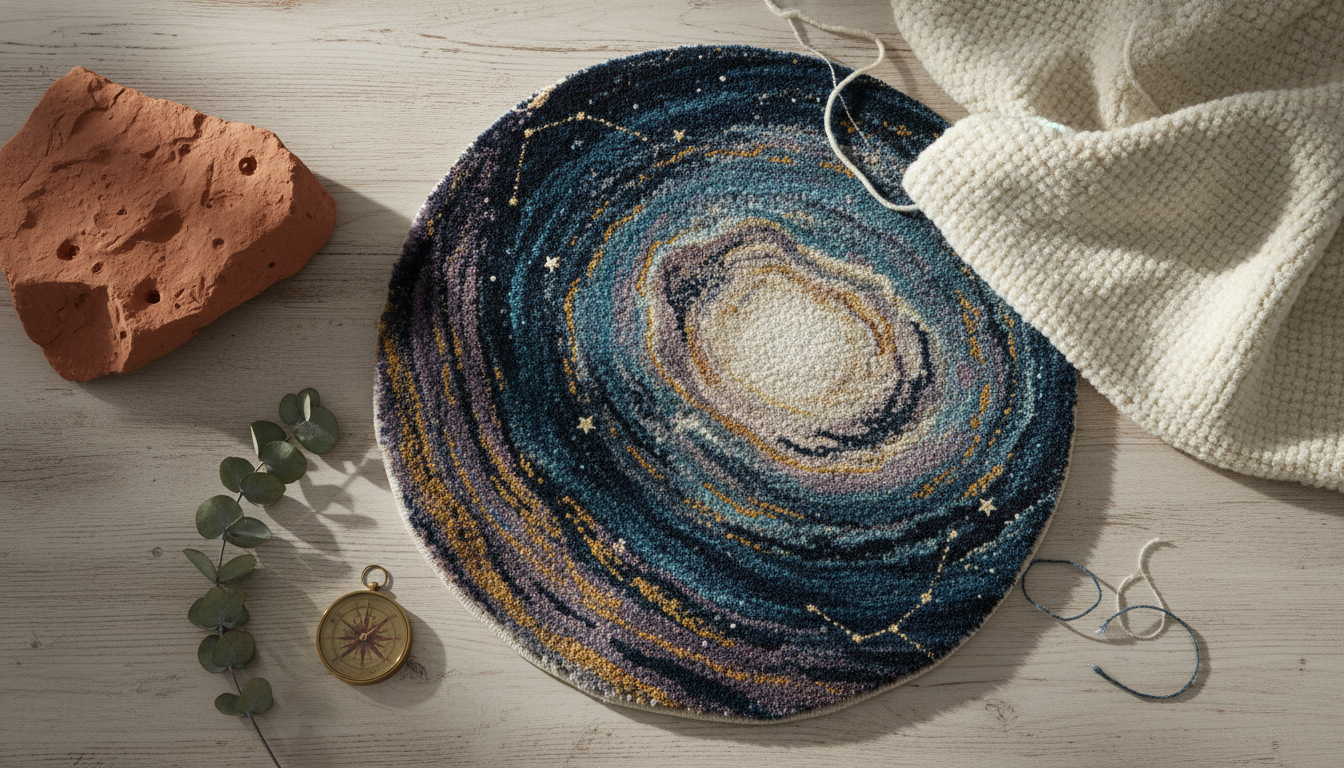 Flat lay of celestial rug design with moon and star patterns paired with natural boho textures and materials.