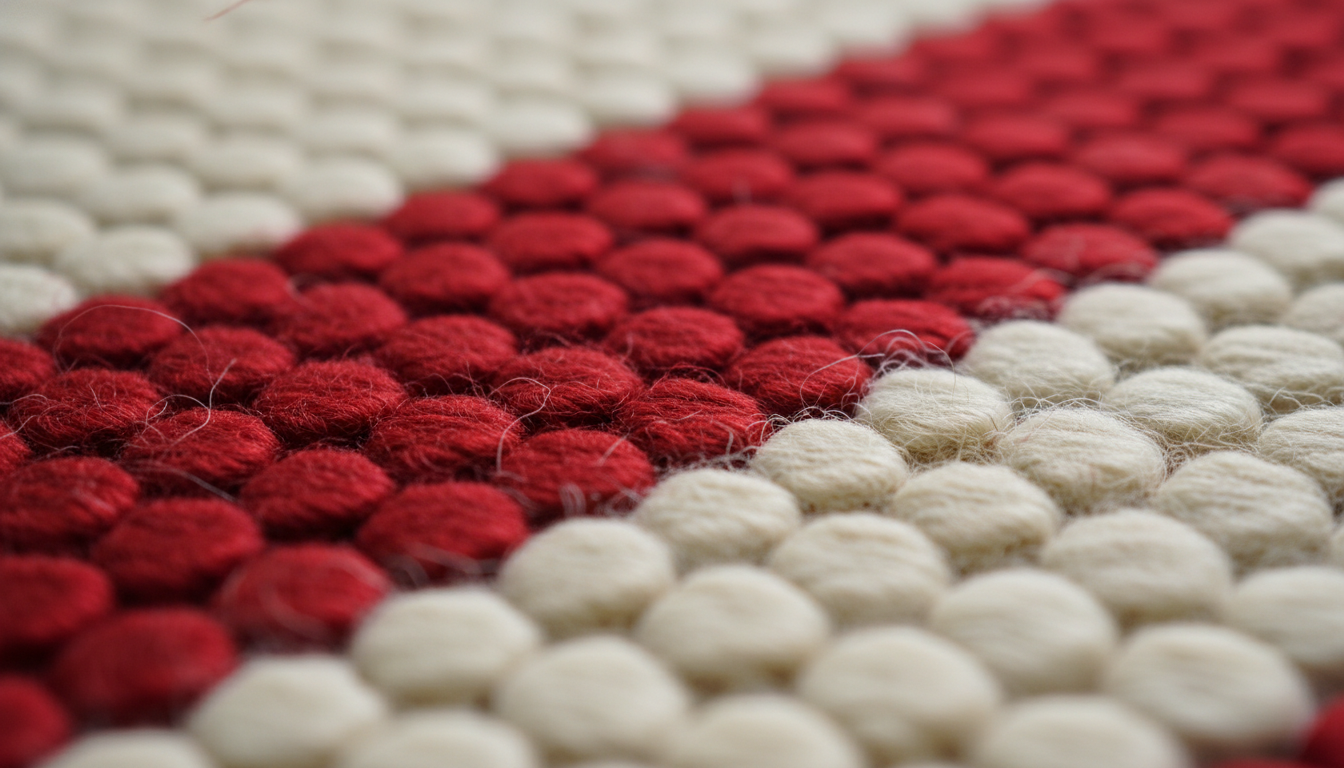 Macro detail of a high-contrast red and white striped Circuscore rug weave.