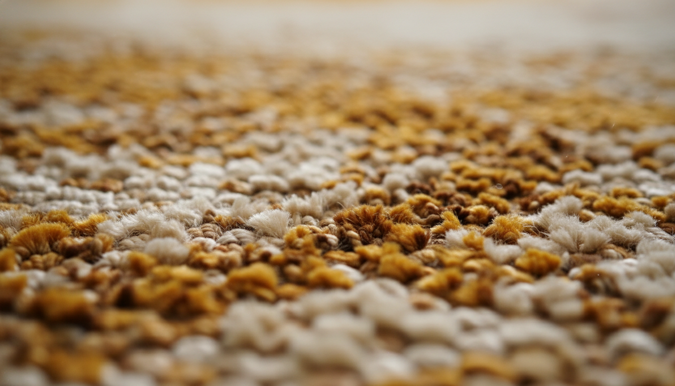 Detailed close-up of a textured rug showing different colored fibers that create a neutral tone.
