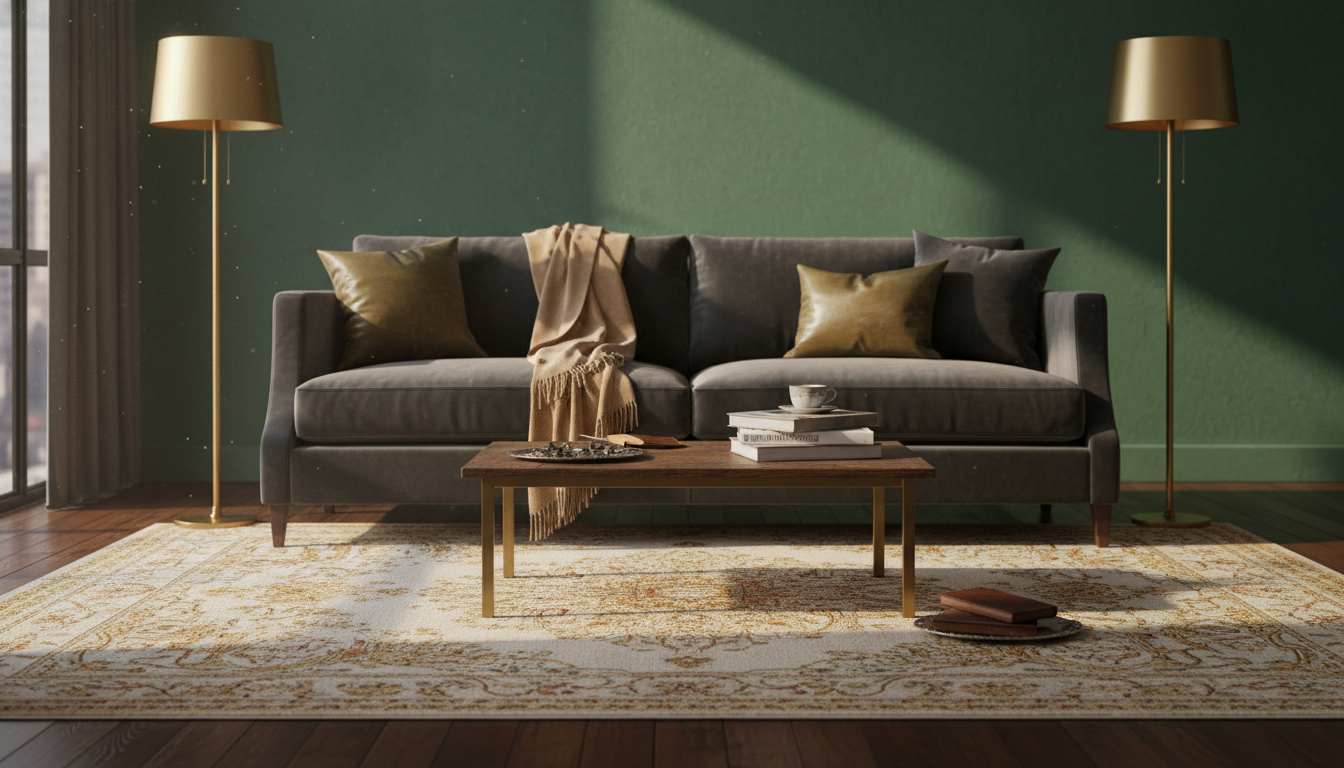 Charcoal gray sofa against dark green walls with a cream and gold vintage rug.