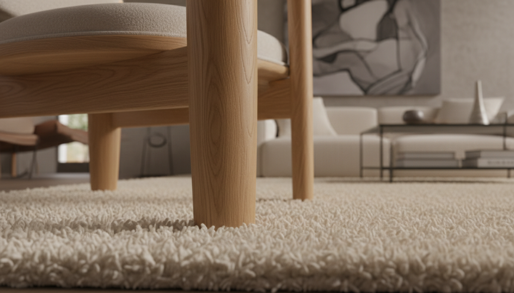 Close-up of furniture placement on a rug illustrating the all-legs-on designer rule for 2026 living rooms.