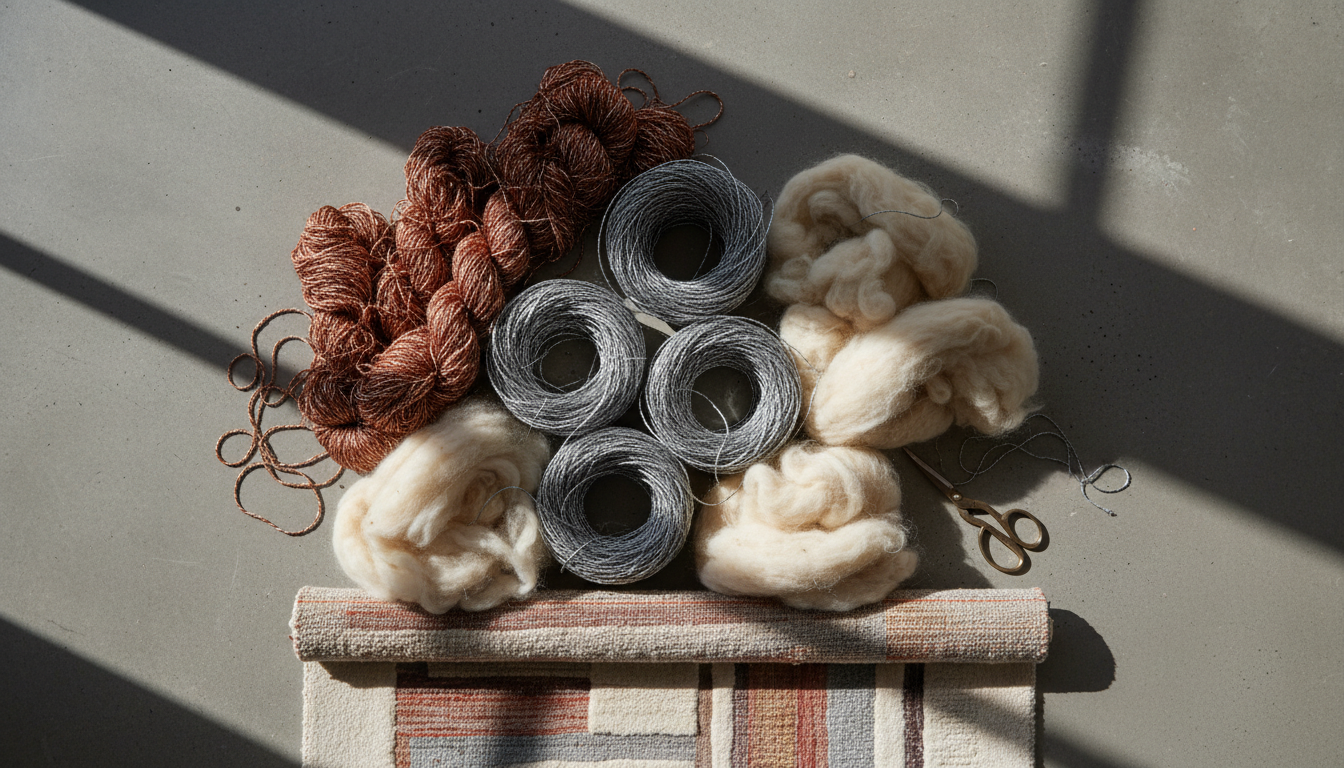 Artistic flat lay of sustainable materials used in the construction of EMF-shielding rugs.