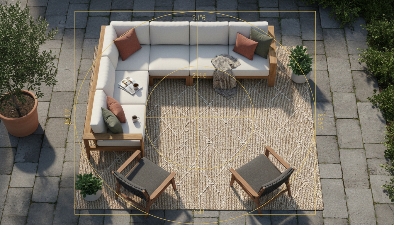 Overhead diagram showing correct rug sizing for outdoor furniture anchoring.