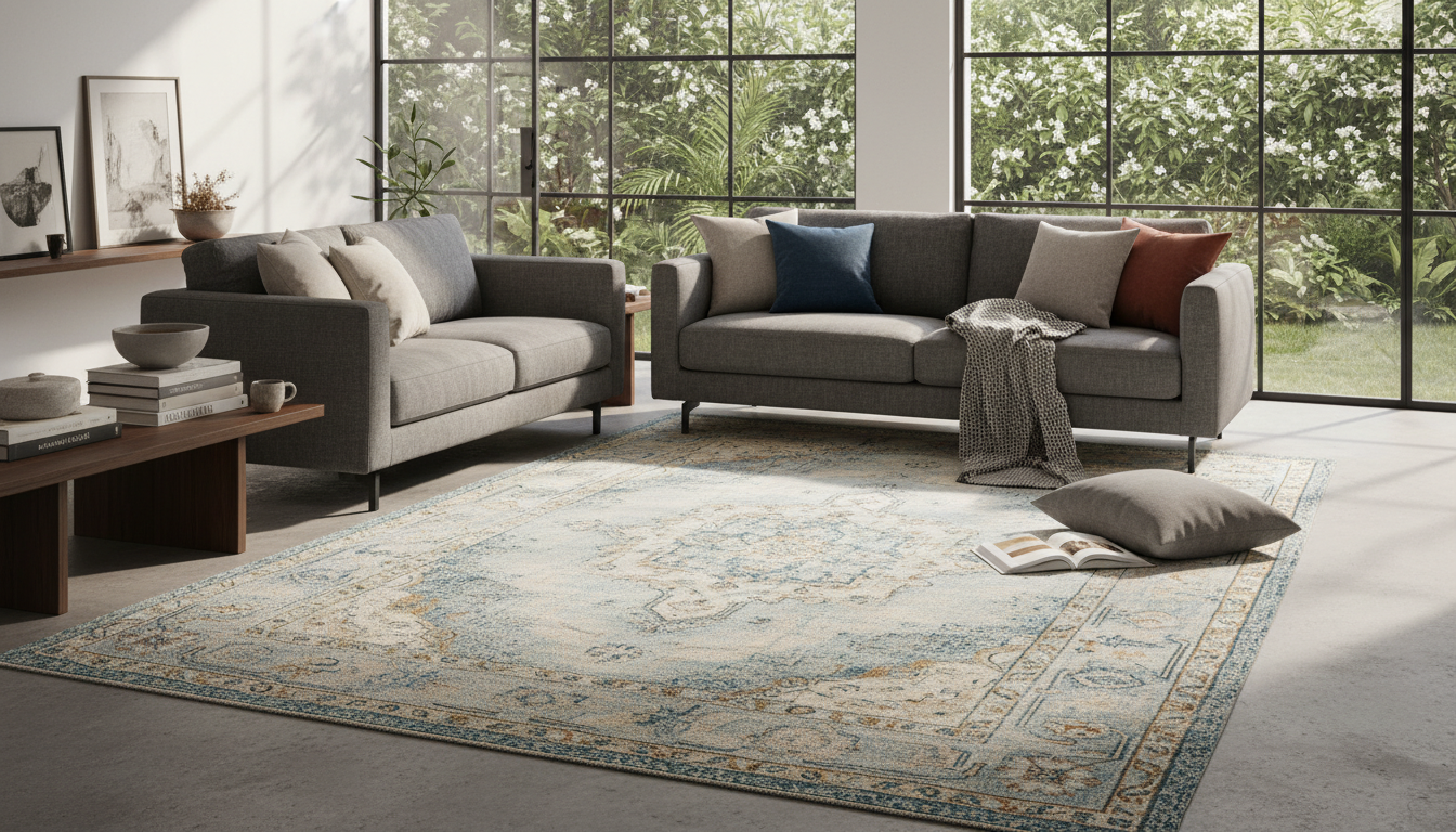 Modern living room with a blue Oushak style washable rug and gray sofa.