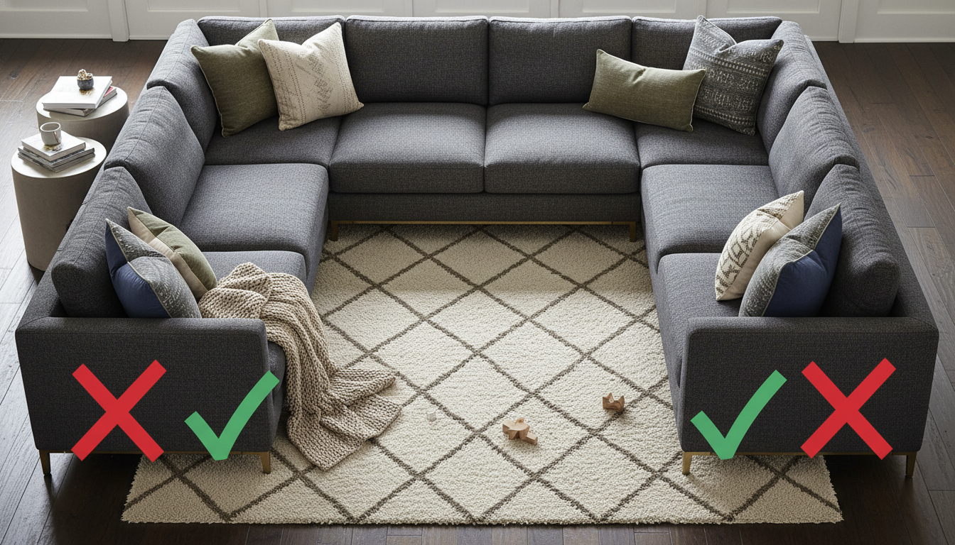 Top-down diagram showing correct furniture leg placement on an area rug.