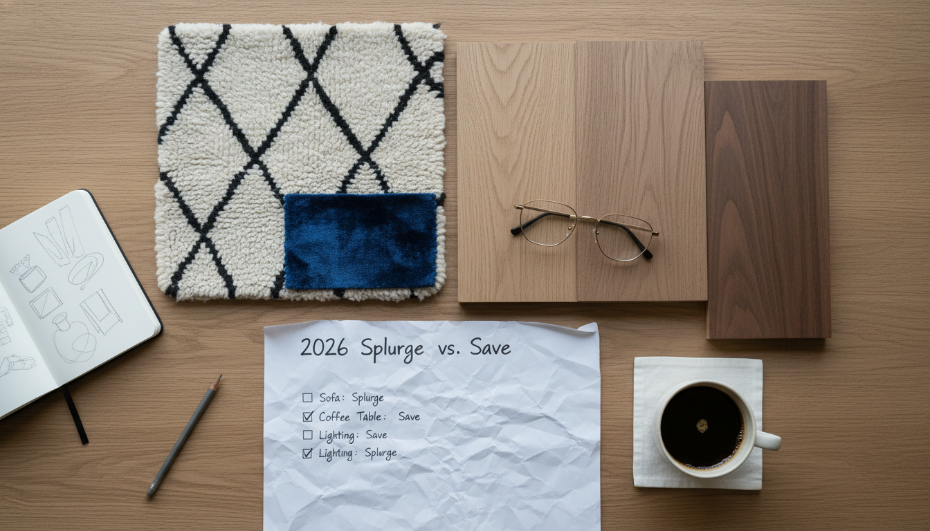 Professional interior designer mood board focusing on rug selection and budget allocation.