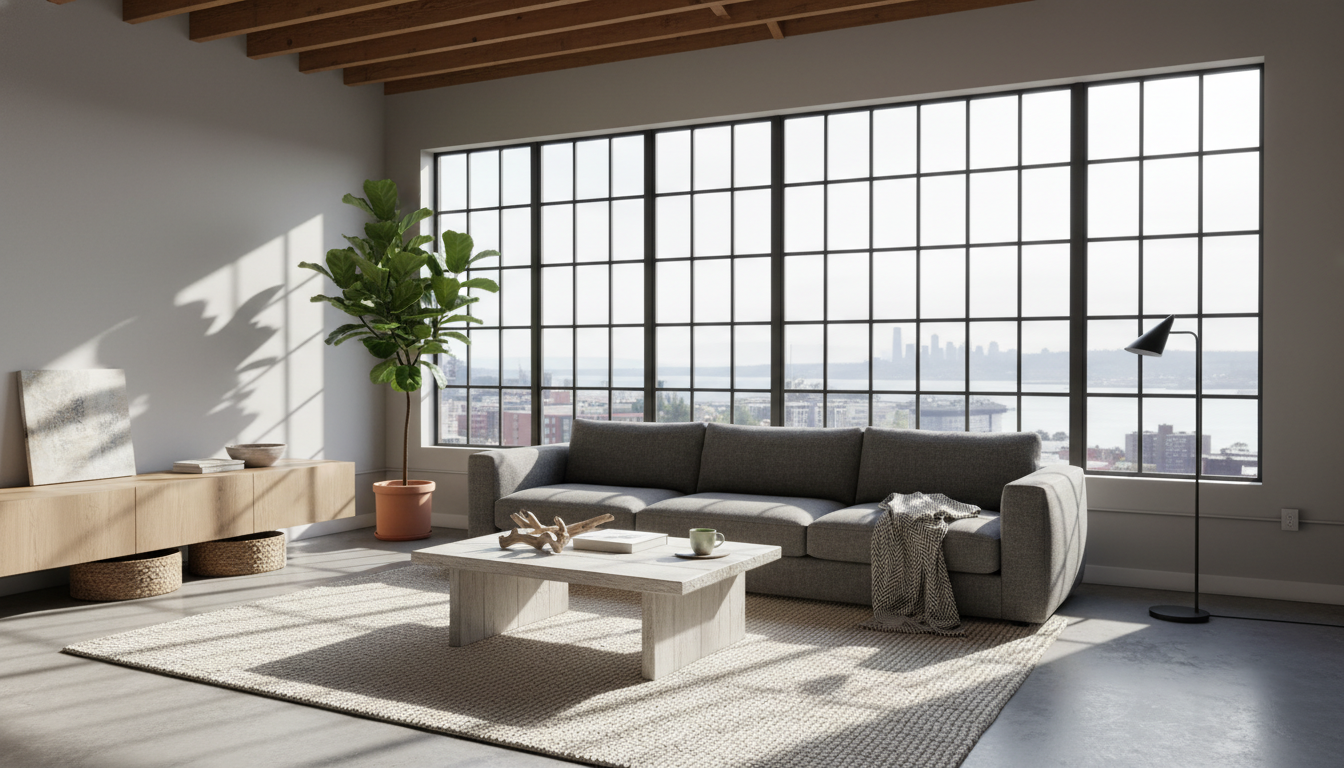 Open plan living room with gray sofa and summer jute rug