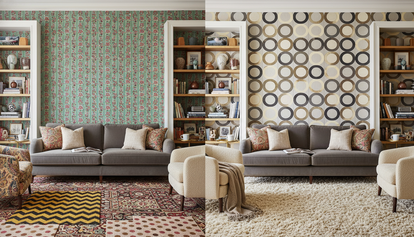 Before and after comparison of pattern scale coordination in a modern living room.