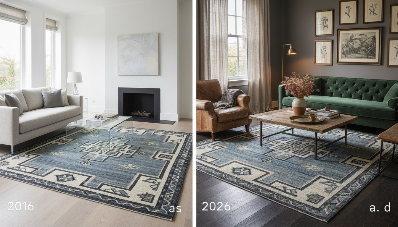 Before and after comparison of an investment rug showing how it adapts to changing interior design trends over a decade.