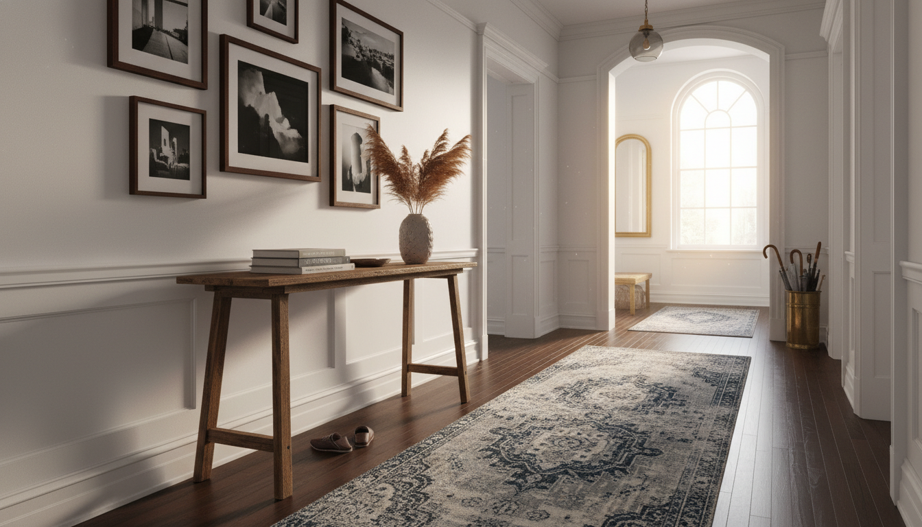 Chicago brownstone hallway featuring a durable machine-made runner during golden hour.