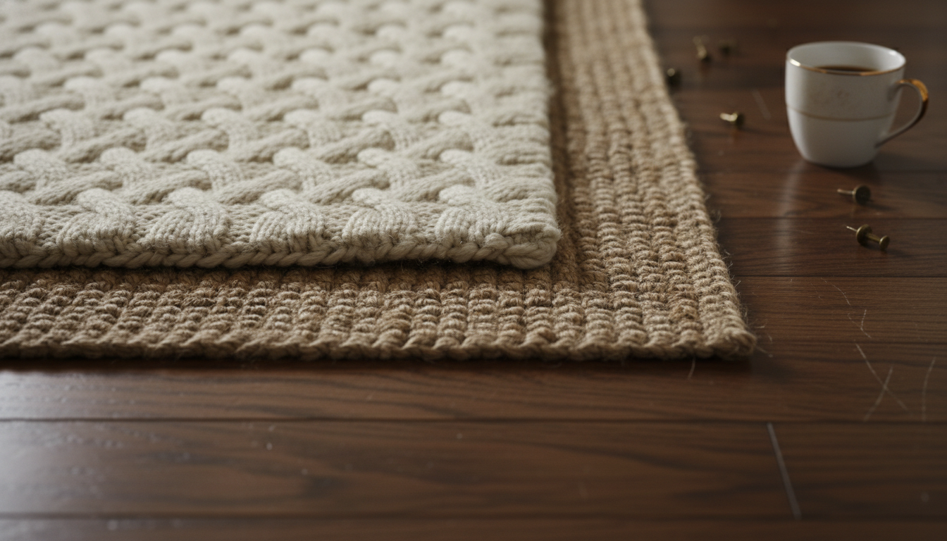 Close-up of a layered rug technique using jute and wool to add depth and luxury to a room.