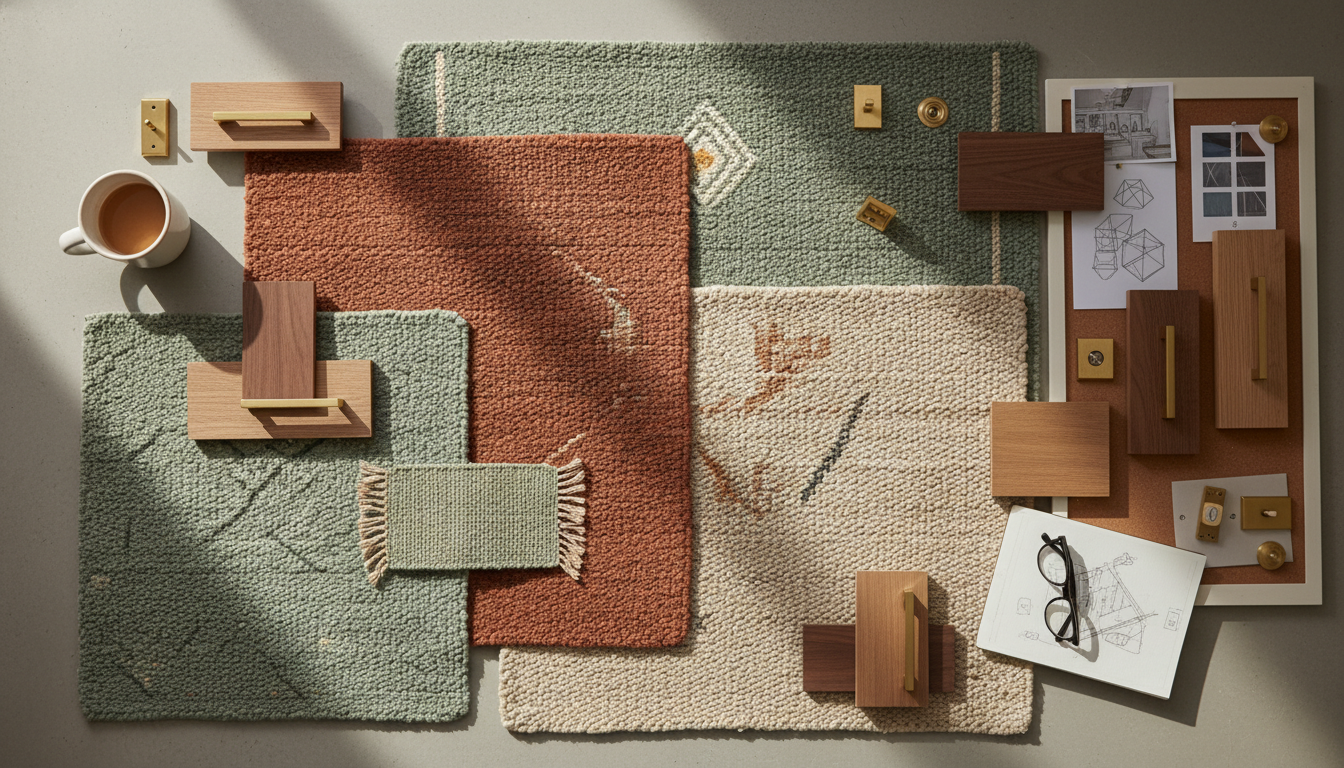 Flat lay of pet-friendly rug swatches and interior design materials