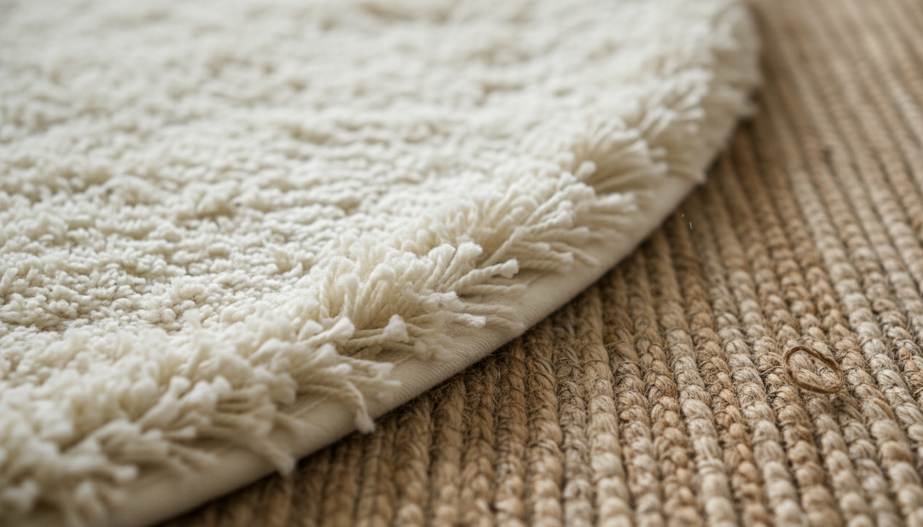 close up of a round high-pile rug layered over a rectangular jute rug for texture contrast